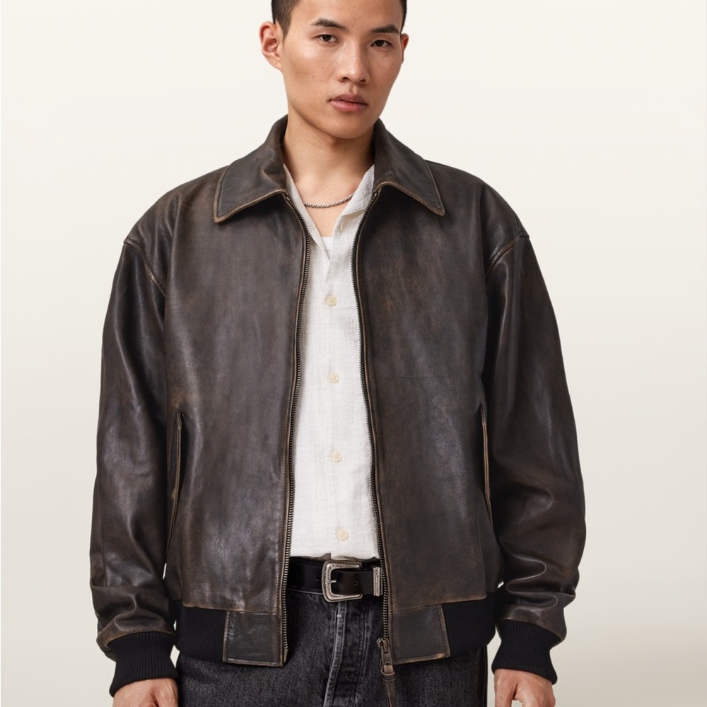 ALL SAINTS Marco Oversized Leather Bomber Jacket — VINTAGE BLACK